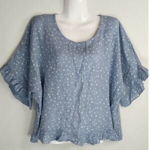 Blanco De Ibiza Blue Star Print Ruffled Estimated L Linen Flowy Top Patriot Boho